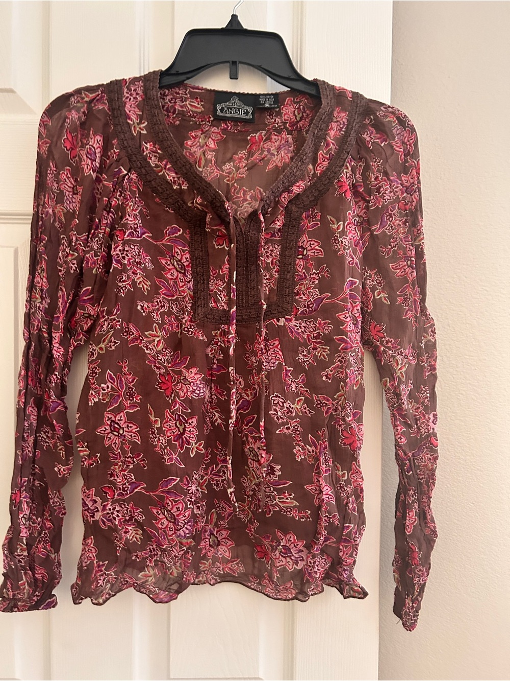 Angie Brown Floral Sheer Peasant Blouse with Pink Accents
